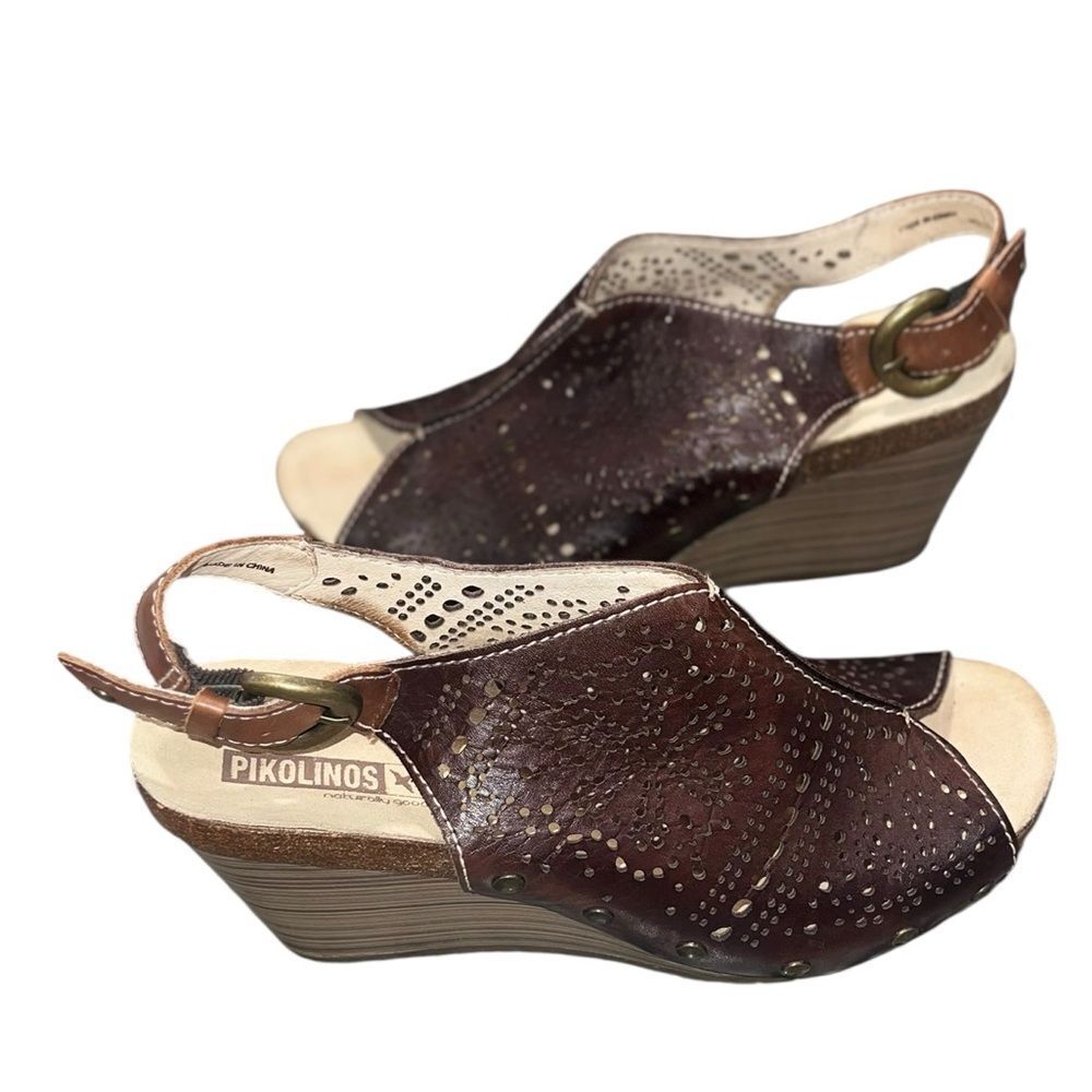 Pikolinos Brown Leather Wedge Sandals EU 39 Perforated Slingback Comfort Shoes